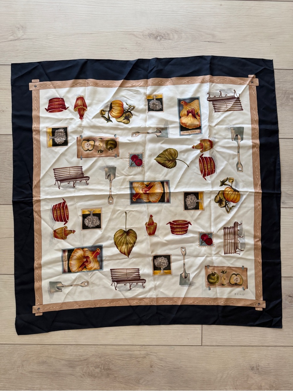 Echo Cream Silk Scarf with Black Border and Autumn Motif